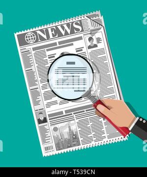 Businessman hand holding loupe sur avec des titres de journaux et de photos. News journal du design. Pages avec différents titres, images, citations, tex Illustration de Vecteur