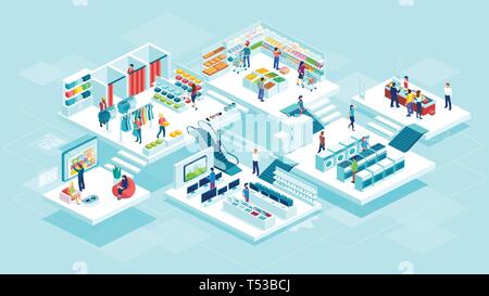Vecteur de isométrique personnes hommes et femmes shopping au supermarché et l'achat de produits de consommation courante Illustration de Vecteur