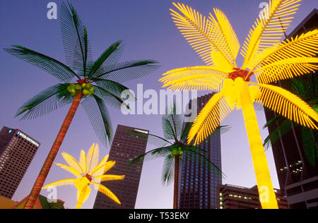 Miami Florida,Bayfront Park,terrain public,loisirs,Holiday Village produits d'éclairage de Noël,afficher en plastique palmiers ville horizon,centre-ville,ville c Banque D'Images