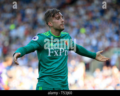 Gerard Deulofeu du Watford célèbre après qu'il marque son deuxième but de côtés pendant le premier match de championnat à la John Smith's Stadium, Huddersfield. Banque D'Images