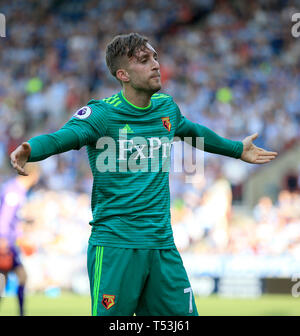 Gerard Deulofeu du Watford célèbre après qu'il marque son deuxième but de côtés pendant le premier match de championnat à la John Smith's Stadium, Huddersfield. Banque D'Images