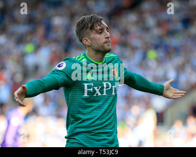 Gerard Deulofeu du Watford célèbre après qu'il marque son deuxième but de côtés pendant le premier match de championnat à la John Smith's Stadium, Huddersfield. Banque D'Images