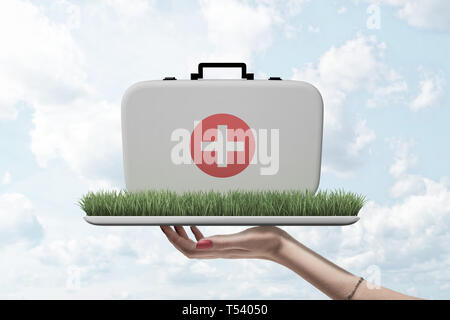 Vue latérale du woman's hand holding tray with patch d'herbe verte sur elle avec l'affaire de médecin sur le dessus contre ciel nuageux. Banque D'Images
