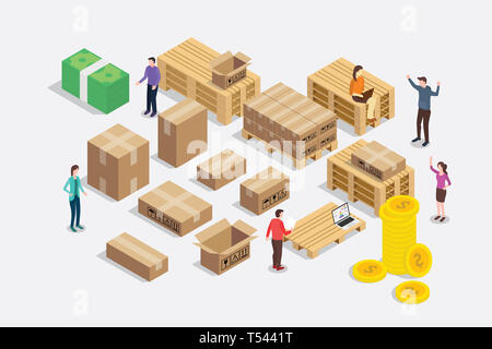 Expédition Expédition avec les gens de l'équipe de concept et la livraison des marchandises en colis - vector illustration Banque D'Images