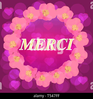 Merci carte de vœux. Image de couleurs vives. Illustration avec des fleurs roses. Illustration avec fond rose. Banque D'Images