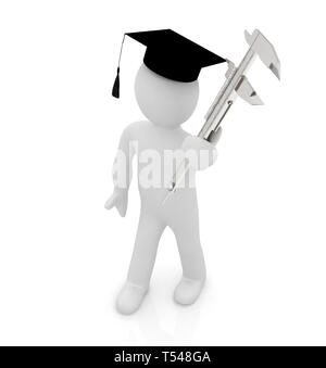 3d man in graduation hat avec pied à coulisse sur un fond blanc Banque D'Images