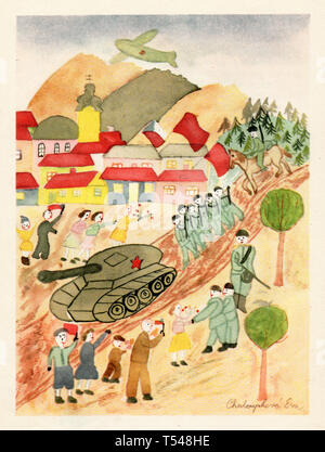 Libération de la Tchécoslovaquie par l'Armée Rouge en 1945 l'illustre le dessin d'enfant par 11-year-old girl Eva Chaloupková du village de Čebín en Moravie du Sud, de la Tchécoslovaquie, publié dans le livre 'tchécoslovaque comment l'Armée rouge a libéré moi' ('osvododíla Rudá Jak mě armada') en date de 1953. Banque D'Images