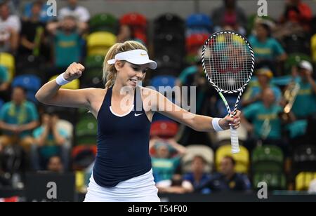 Londres, Royaume-Uni. 20 avril, 2019. Katie Boulter (Grande-Bretagne) célèbre. Caoutchouc 2. Grande-bretagne v Kazakhstan. Groupe mondial II play off dans le groupe BNP Paribas Fed Cup. Boîte de cuivre arena. Queen Elizabeth Olympic Park. Stratford. Londres. UK. 20/04/2019. Credit : Sport en images/Alamy Live News Banque D'Images