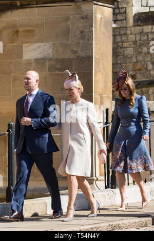 Windsor, Royaume-Uni. 21 avril 2019.Mike et Zara Tindall et Princesse Béatrice arrivent pour assister à l'Easter Sunday Mattins service à la Chapelle St George du château de Windsor. Credit : Mark Kerrison/Alamy Live News Banque D'Images