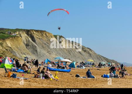 Burton Bradstock, Dorset, UK. 21 avril 2019. Météo britannique. Un homme voler un paramoteur au-dessus de la plage à bronzer à la plage de ruche à Burton Bradstock à Dorset que les températures montent le jour de Pâques. Credit : Graham Hunt/Alamy Live News Banque D'Images