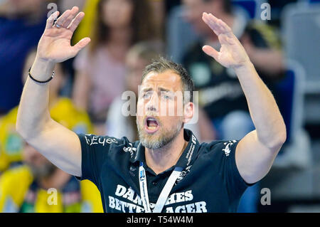 Mannheim, Allemagne. Apr 21, 2019. Handball : Bundesliga, Rhein-Neckar Löwen - SG Flensburg-Handewitt, 22e journée, dans l'Arène de SAP. Maik Machulla entraîneur de Flensburg. Credit : Uwe Anspach/dpa/Alamy Live News Banque D'Images