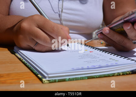 Femme écrivant en une balle de journal, stylo à la main, selective focus on nib Banque D'Images