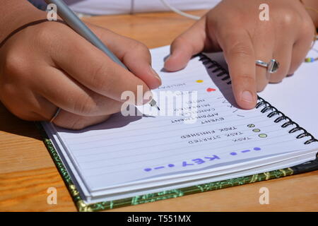 Femme écrit dans un journal de balle Banque D'Images