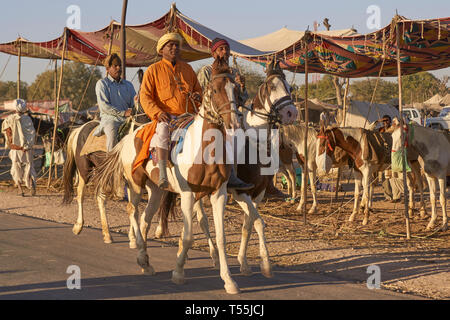 Les hommes de l'équitation le long d'une piste à l'élevage annuel fair à Nagaur, Rajasthan, Inde. Banque D'Images