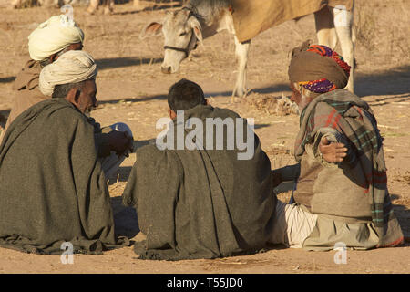 La préparation de la nourriture et de l'échauffement après une froide nuit de camping à l'assemblée annuelle du festival de l'élevage à Nagaur, Rajasthan, en Inde. Banque D'Images