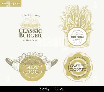 Ensemble de quatre modèles de logo de l'alimentation de rue. Hand drawn vector illustrations d'aliments de préparation rapide. Hot-dog, hamburger, frites, beignets étiquettes rétro Illustration de Vecteur