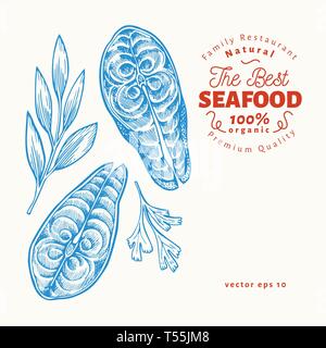 Darnes d'illustrations. Hand drawn vector illustration de fruits de mer. Style gravé. Retro alimentation, morceau de saumon ou de truite Illustration de Vecteur