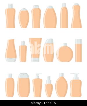 Produits de soins personnels : shampooing, gel douche, savon, crème, baume, laque, parfum, lotion tonique Peeling scrub Vector illustration style de télévision Illustration de Vecteur