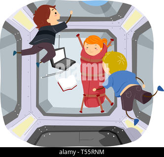 Illustration de Stickman Kids à la Station spatiale se préparer à dormir Banque D'Images