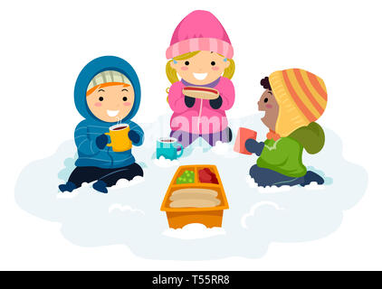 Illustration de Stickman enfants assis à l'extérieur dans la neige Having Picnic, boire du chocolat chaud et manger Banque D'Images