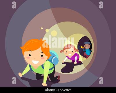 Illustration de Stickman Kids ramper à l'intérieur du tunnel à l'aide de lampe de poche pour la lumière Banque D'Images