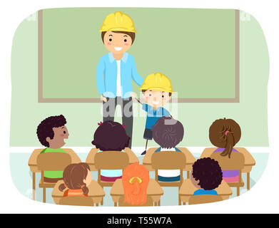 Illustration de Stickman Kids avec le Père et l'enfant en classe le port du casque de construction jaune Banque D'Images