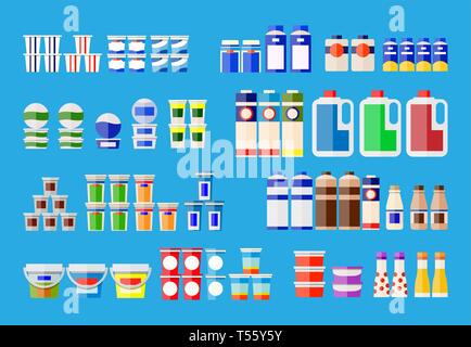 Produits laitiers dans divers paquets. Produits laitiers traditionnels d'icônes. Yaourt, lait, crème, dessert, fromage, sourcream. Vector illustration dans télévision styl Illustration de Vecteur