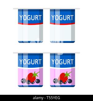 Récipient en plastique avec du yogourt. Yogourt aux fraises groseilles dessert. Verre en Plastique alimentaire. Produit laitier. Produit sain organique. Vector illustration Illustration de Vecteur