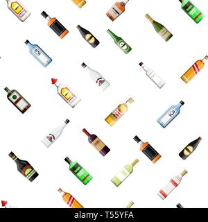 Bouteilles en verre d'alcool sans motif collection. Vin champagne bière whisky Vodka tequila vermouth liqueur cognac cognac gin rhum absinthe sambuca ci Illustration de Vecteur