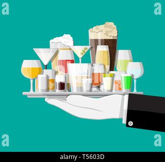 Collection de boissons alcoolisées dans les verres dans la main. Vin champagne bière whisky Vodka tequila liqueur cognac cognac gin rhum vermouth cidre sambuca absinthe b Illustration de Vecteur