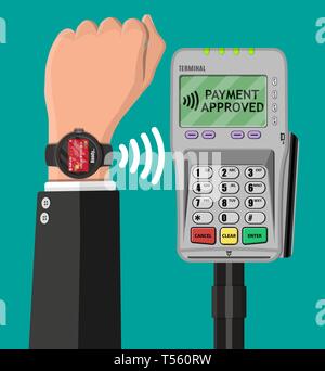 Smart watch les paiements sans contact. Smartwatch sur main et terminal de point de vente. Sans contact, sans fil ou les paiements sans numéraire, rfid nfc. Vector illustration en fl Illustration de Vecteur