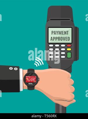 Smart watch les paiements sans contact. Smartwatch sur main et terminal de point de vente. Sans contact, sans fil ou les paiements sans numéraire, rfid nfc. Vector illustration en fl Illustration de Vecteur