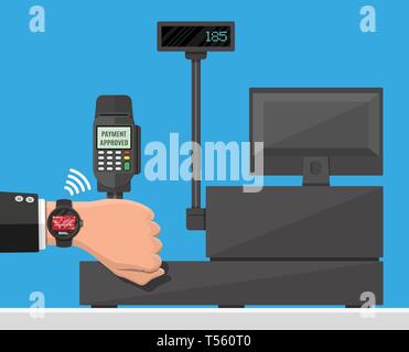 Smart watch les paiements sans contact. Smartwatch sur main et terminal de point de vente. Sans contact, sans fil ou les paiements sans numéraire, rfid nfc. Vector illustration en fl Illustration de Vecteur