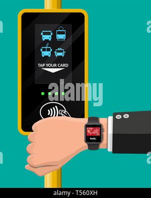 La main avec smartwatch et carte de banque près de la borne. L'aéroport, métro, bus, ticket de métro validateur. Trafic des paiements sans contact mobile NFC, RFID. Télévision Illustration de Vecteur