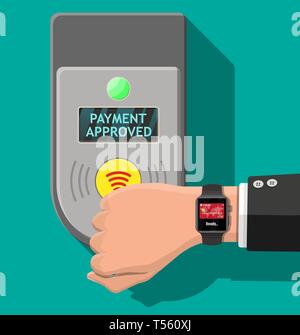 La main avec smartwatch et carte de banque près de la borne. L'aéroport, métro, bus, ticket de métro validateur. Trafic des paiements sans contact mobile NFC, RFID. Télévision Illustration de Vecteur