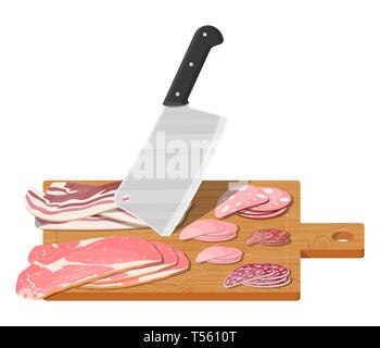 Steak haché saucisse de viande sur planche de bois avec couteau de cuisine. Découper, butcher cleaver et piace de viande. Ustensiles, couverts à la personne. La cuisine, Illustration de Vecteur