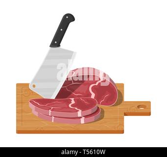 Steak de viande hachée sur planche de bois avec couteau de cuisine. Découper, butcher cleaver et piace de viande. Ustensiles, couverts à la personne. La cuisine, domesti Illustration de Vecteur