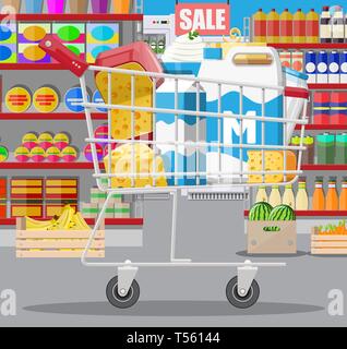 Compteur de lait en supermarché. Boutique d'agriculteurs ou d'épicerie. Les produits laitiers ensemble prédéfini de l'alimentation. Fromage de lait de beurre yogourt crème aigre crème cottage f Illustration de Vecteur