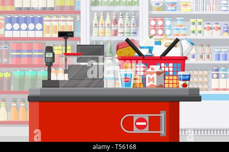 Compteur de lait en supermarché. Boutique d'agriculteurs ou d'épicerie. Les produits laitiers ensemble prédéfini de l'alimentation. Fromage de lait de beurre yogourt crème aigre crème cottage f Illustration de Vecteur