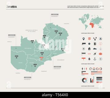 Carte vectorielle de la Zambie. Carte pays très détaillés avec la division, les villes et le capital de Lusaka. Une carte politique, carte du monde, les éléments de l'infographie. Illustration de Vecteur