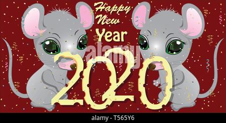 Carte de voeux bonne année 2020. avec des souris cartoon vector illustration. Illustration de Vecteur