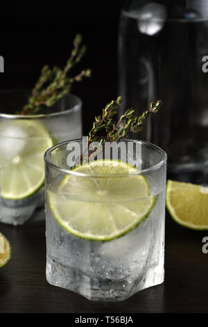 Gin Tonic avec une tranche de lime et branches de thym Banque D'Images