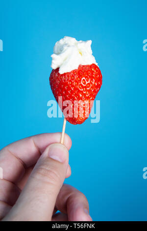 Mans hand holding une fraise avec crème fouettée sur fond bleu Banque D'Images