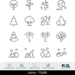 L'icône de la ligne du vecteur défini. Les arbres des icônes linéaire. Forêt de symboles, pictogrammes, signes. Pixel design parfait. Avc. modifiable Régler l'épaisseur de ligne. Illustration de Vecteur