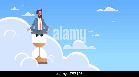 A position du lotus sur le sable réveil dans la gestion du temps ciel concept date limite business man meditating yoga pose caractère mâle horizontale Illustration de Vecteur