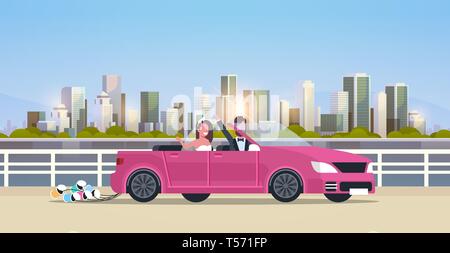 Époux mariés juste et madame en road trip au volant de voiture convertible homme femme couple romantique en amour mariage concept modern urban city Illustration de Vecteur