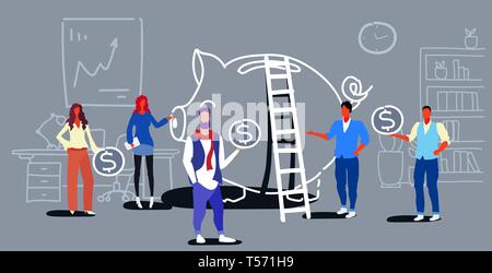 Businesspeople holding dollar argent monnaie de placement concept business people standing près de tirelire crowdfunding richesse croissance doodle croquis Illustration de Vecteur