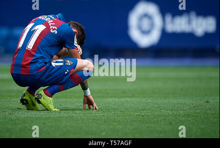 Valence, Espagne. Mar 21, 2019. Soccer : Liga Santander 2018/19 : Morales de Levante réagit au cours de la Primera Division espagnole 'Liga Santander (Espanola)' match entre Levante UD 2-2 RCD Espanyol au stade Ciutat de Valencia à Valence, Espagne, le 21 mars 2019. Crédit : Pablo Morano/ AFLO/Alamy Live News Banque D'Images