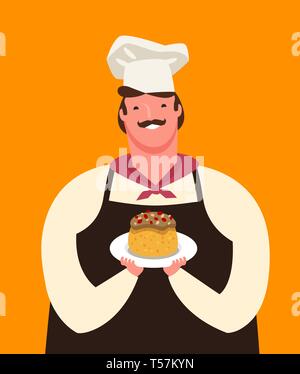 Chef Cute tenant une assiette de dessert. Menu, concept culinaire. Cartoon vector illustration Illustration de Vecteur