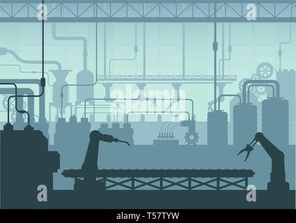L'intérieur de l'usine de silhouette avec la machine et courroie transporteuse modèle plat vector illustration Illustration de Vecteur